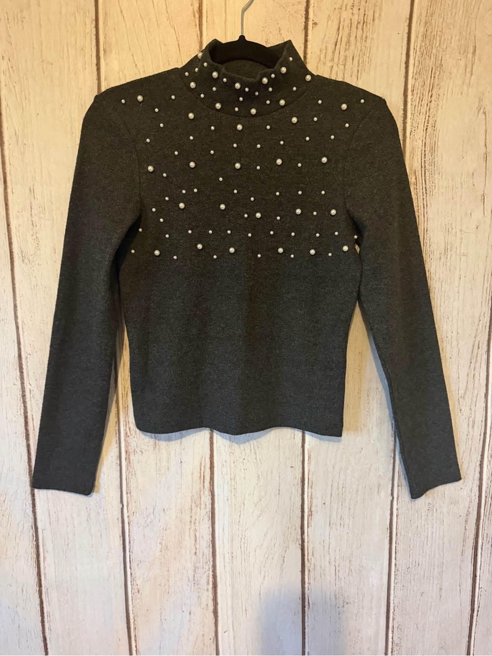 Zara High Neck Pearl Sweater Size M Dark Grey